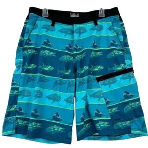 HUK Performance Cargo Shorts Size 34 Blue Black Fish Print Quick Dry Unlined